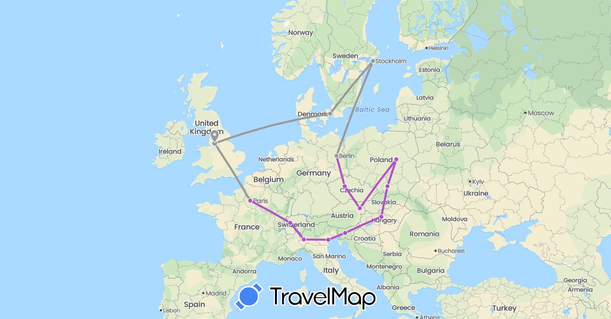 TravelMap itinerary: driving, plane, train in Austria, Switzerland, Czech Republic, Germany, Denmark, France, United Kingdom, Hungary, Italy, Poland, Sweden, Slovenia (Europe)